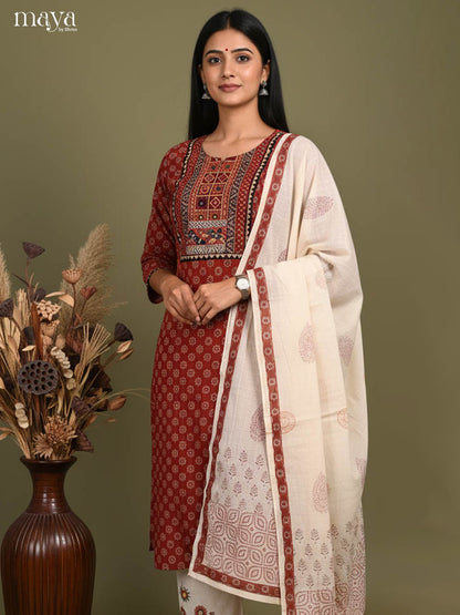 Maroon Readymade Ajrakh Salwar with Printed & Embroidered Design-mdj21036