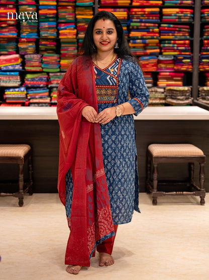 Stylish Indigo Ajrakh Salwar Set with Block Print Design & Red Dupatta