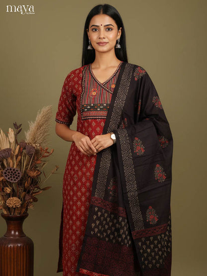 Bold Maroon Readymade Ajrakh Salwar Set with Yoke Neck & Black Dupatta