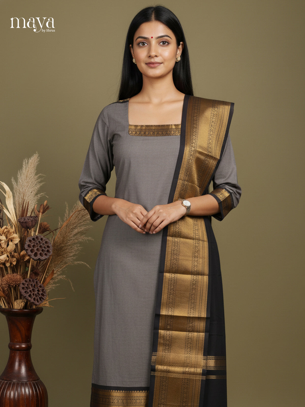 Grey & Black-Chettinad Cotton Readymade Kurti & Dupatta