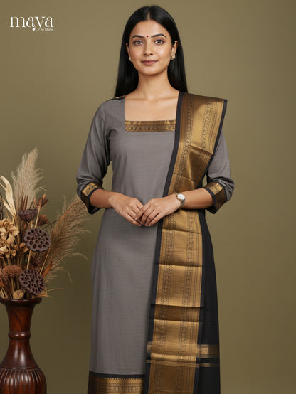 Grey & Black-Chettinad Cotton Readymade Kurti & Dupatta