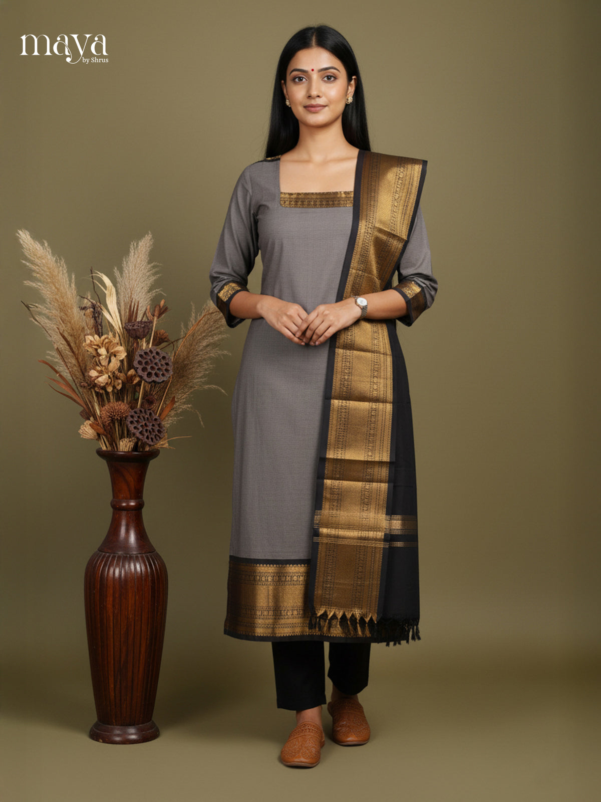 Grey & Black-Chettinad Cotton Readymade Kurti & Dupatta