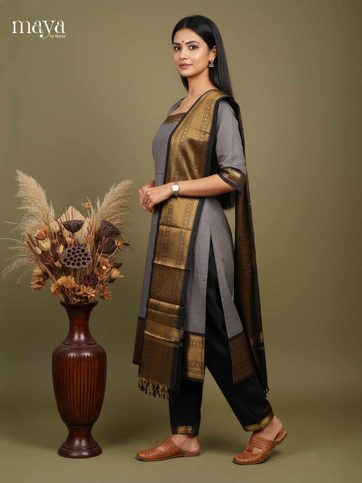 Grey & Black-Chettinad Cotton Readymade Kurti & Dupatta