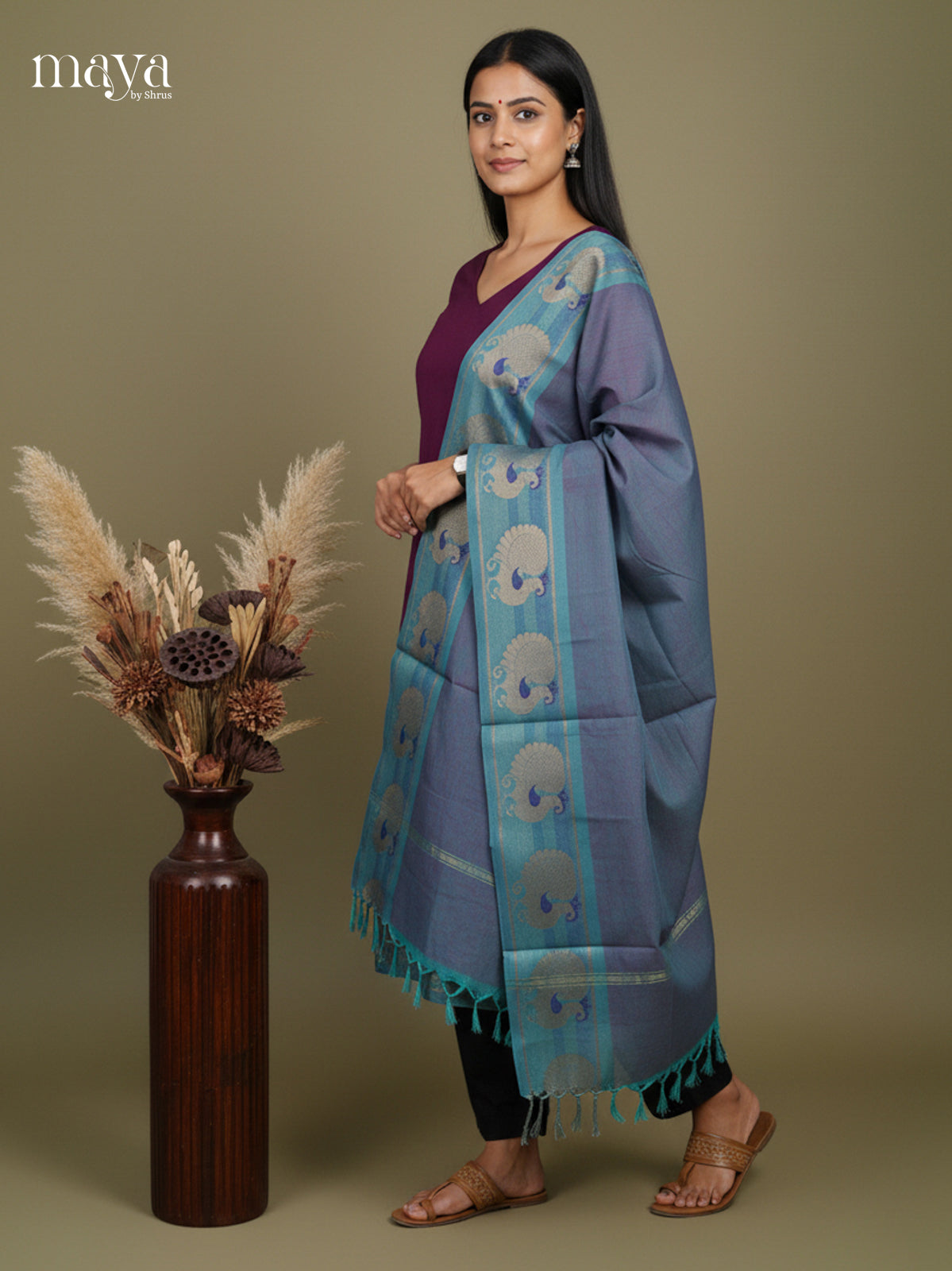 Wine & Blue-Chettinad Cotton Readymade Kurti  & Dupatta