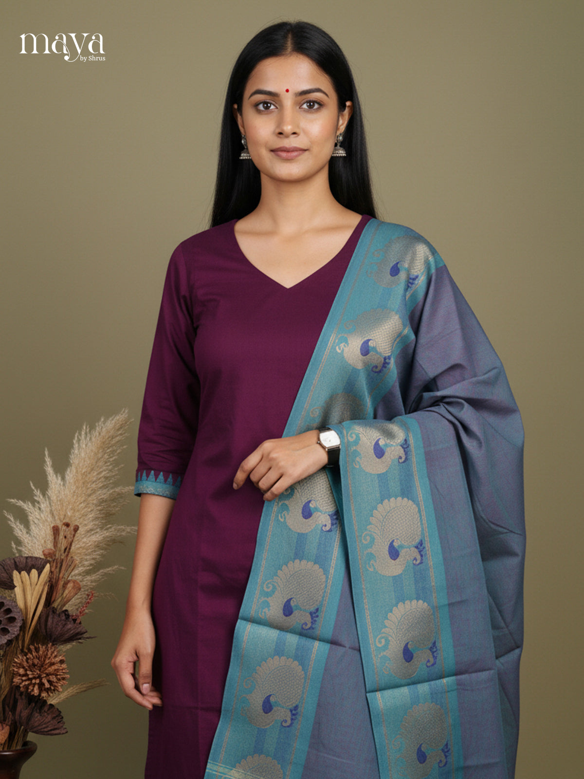 Wine & Blue-Chettinad Cotton Readymade Kurti  & Dupatta