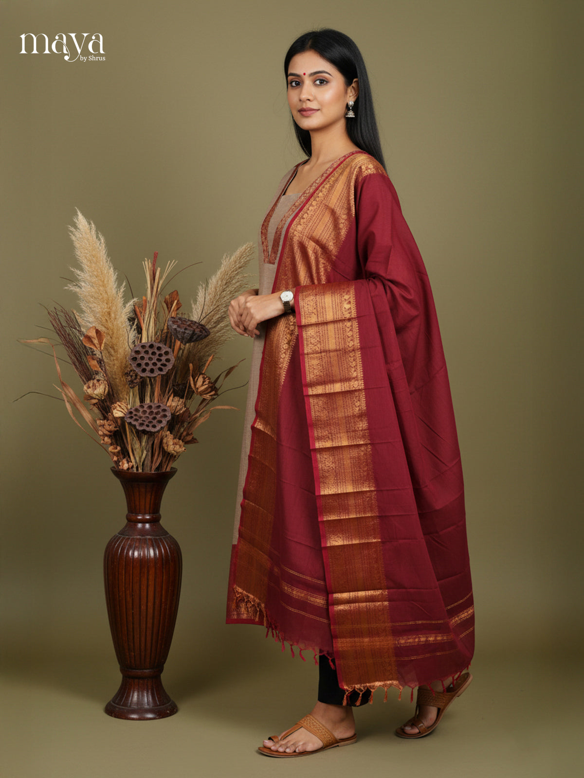 Grey & Maroon -Chettinad Cotton Readymade Kurti & Dupatta