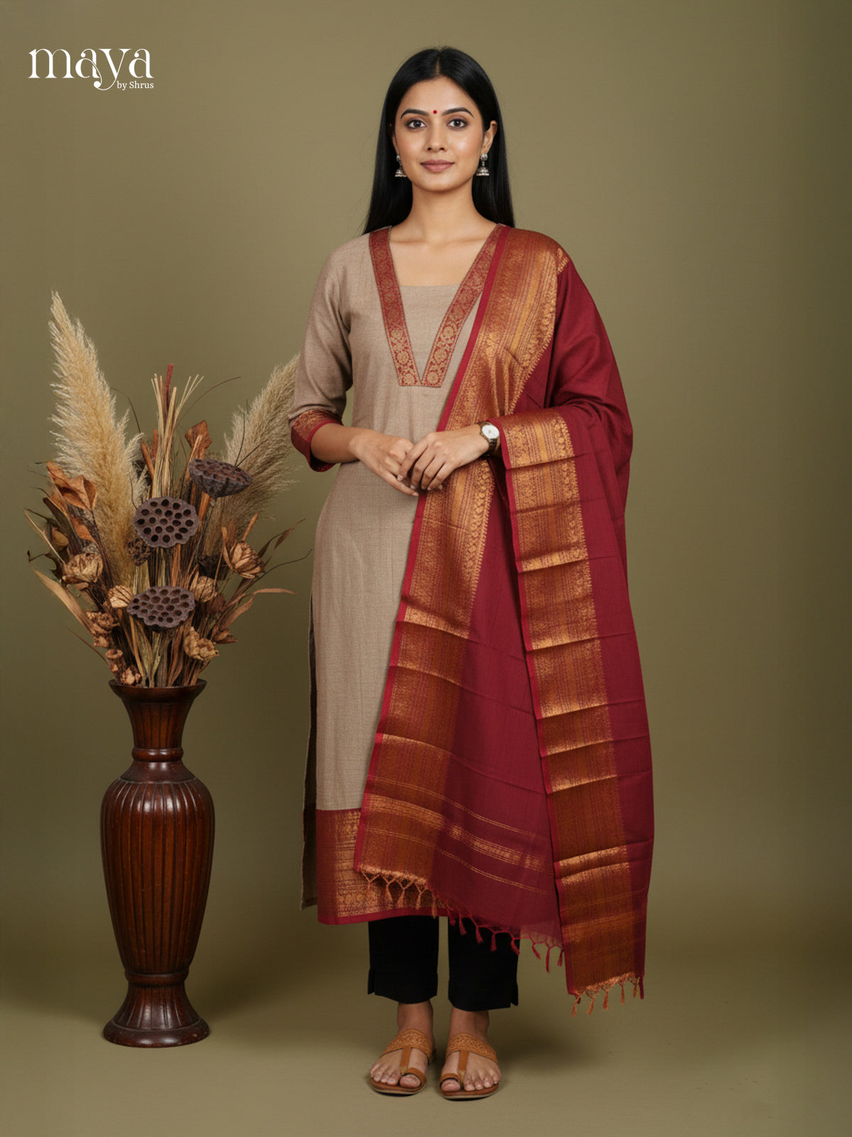 Grey & Maroon -Chettinad Cotton Readymade Kurti & Dupatta