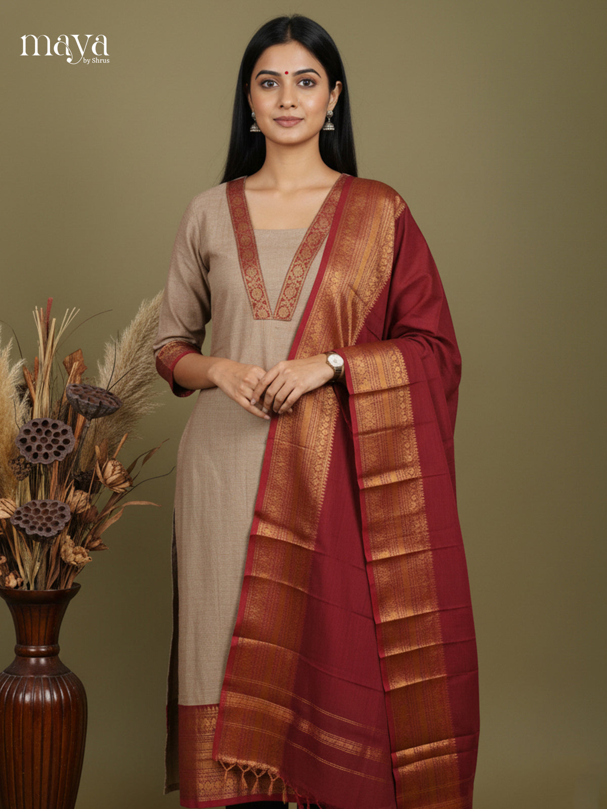 Grey & Maroon -Chettinad Cotton Readymade Kurti & Dupatta