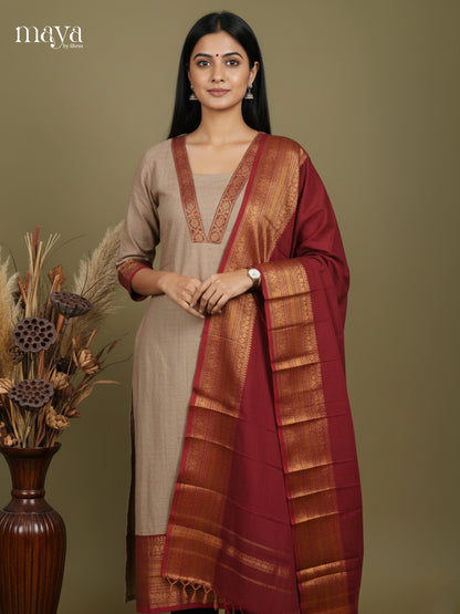 Grey & Maroon -Chettinad Cotton Readymade Kurti & Dupatta