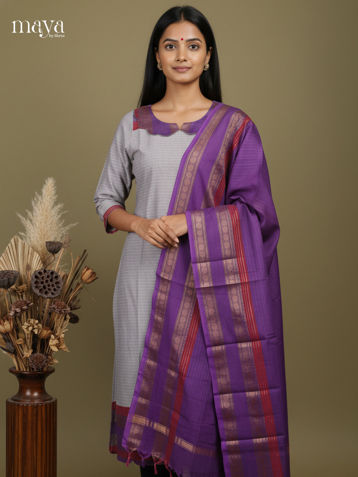 Grey & Purple- Chettinad Cotton Readymade Kurti & dupatta