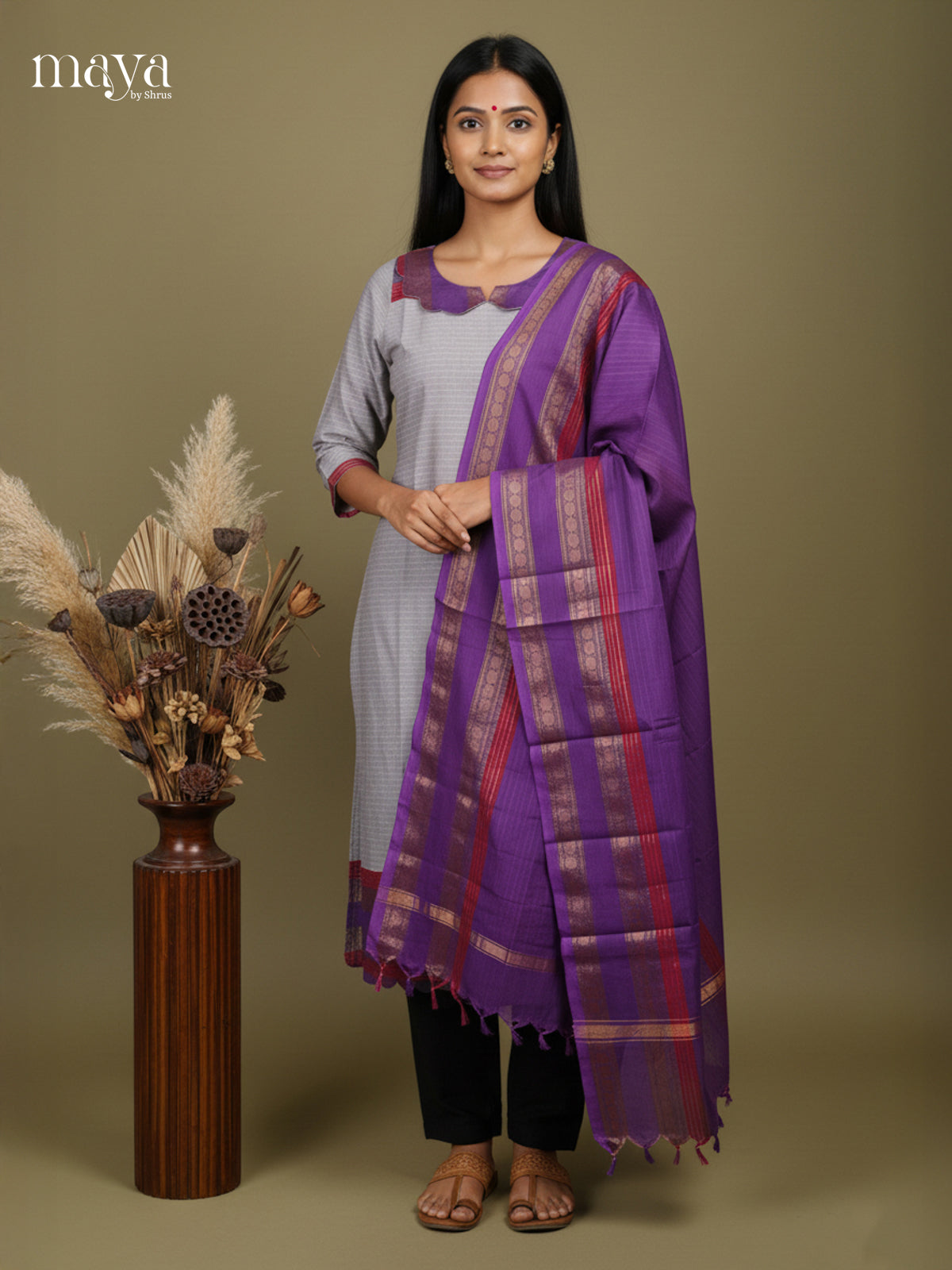 Grey & Purple- Chettinad Cotton Readymade Kurti & dupatta