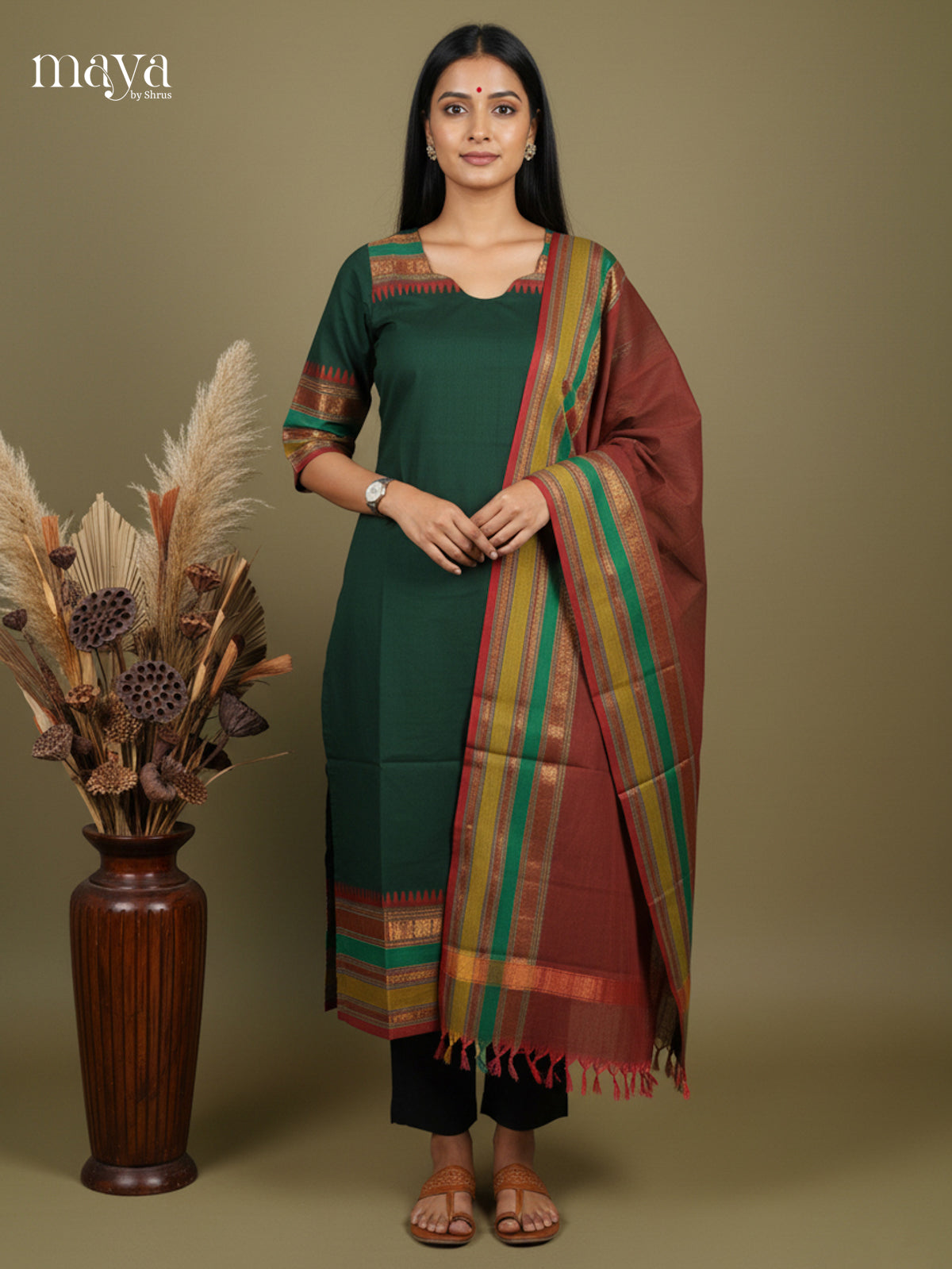 Green & Arakku -Chettinad Readymade Kurti & Dupatta