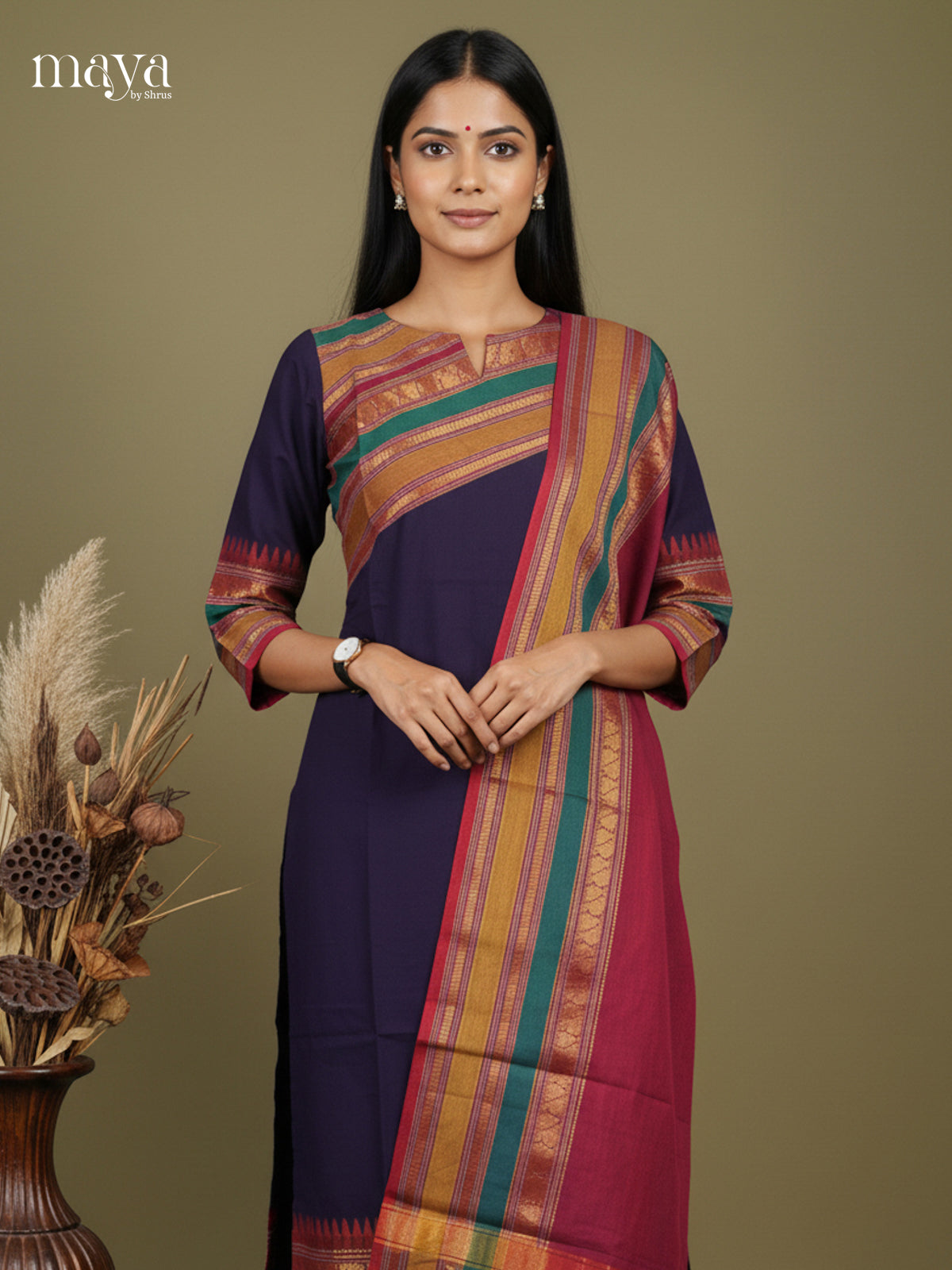 Blue & Maroon - Chettinad Cotton Readymade Kurti & Dupatta