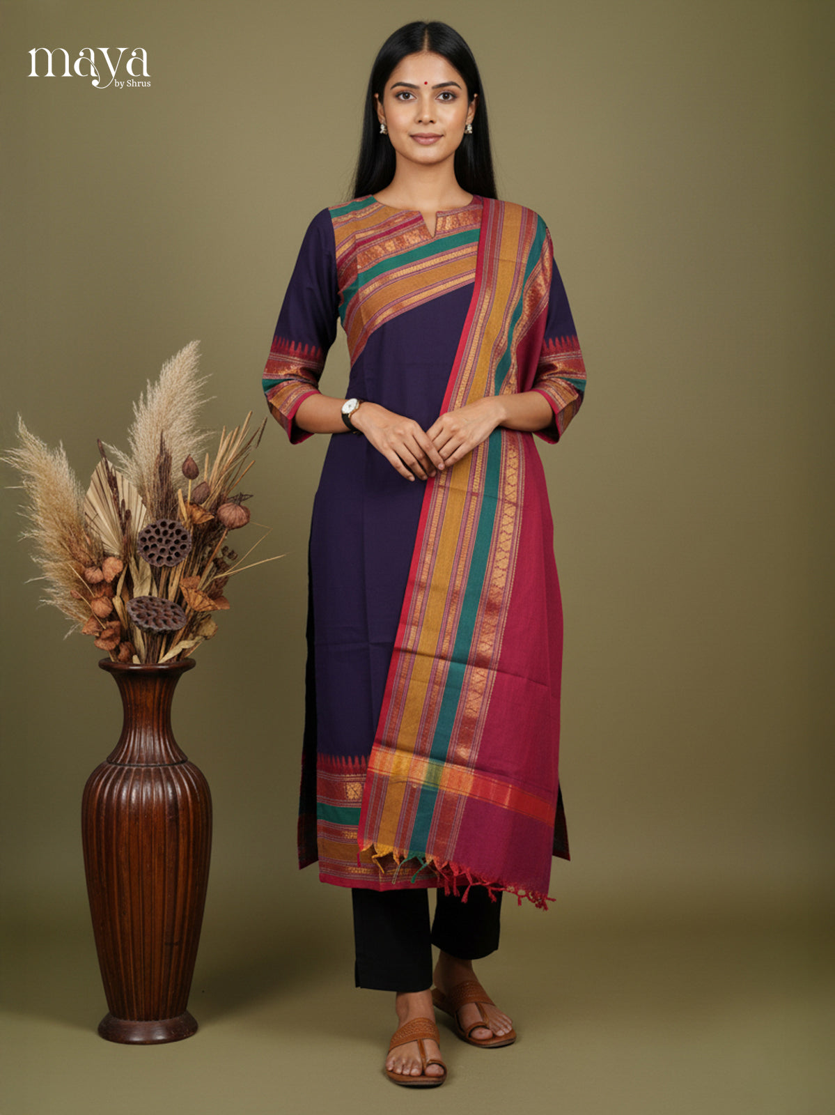Blue & Maroon - Chettinad Cotton Readymade Kurti & Dupatta