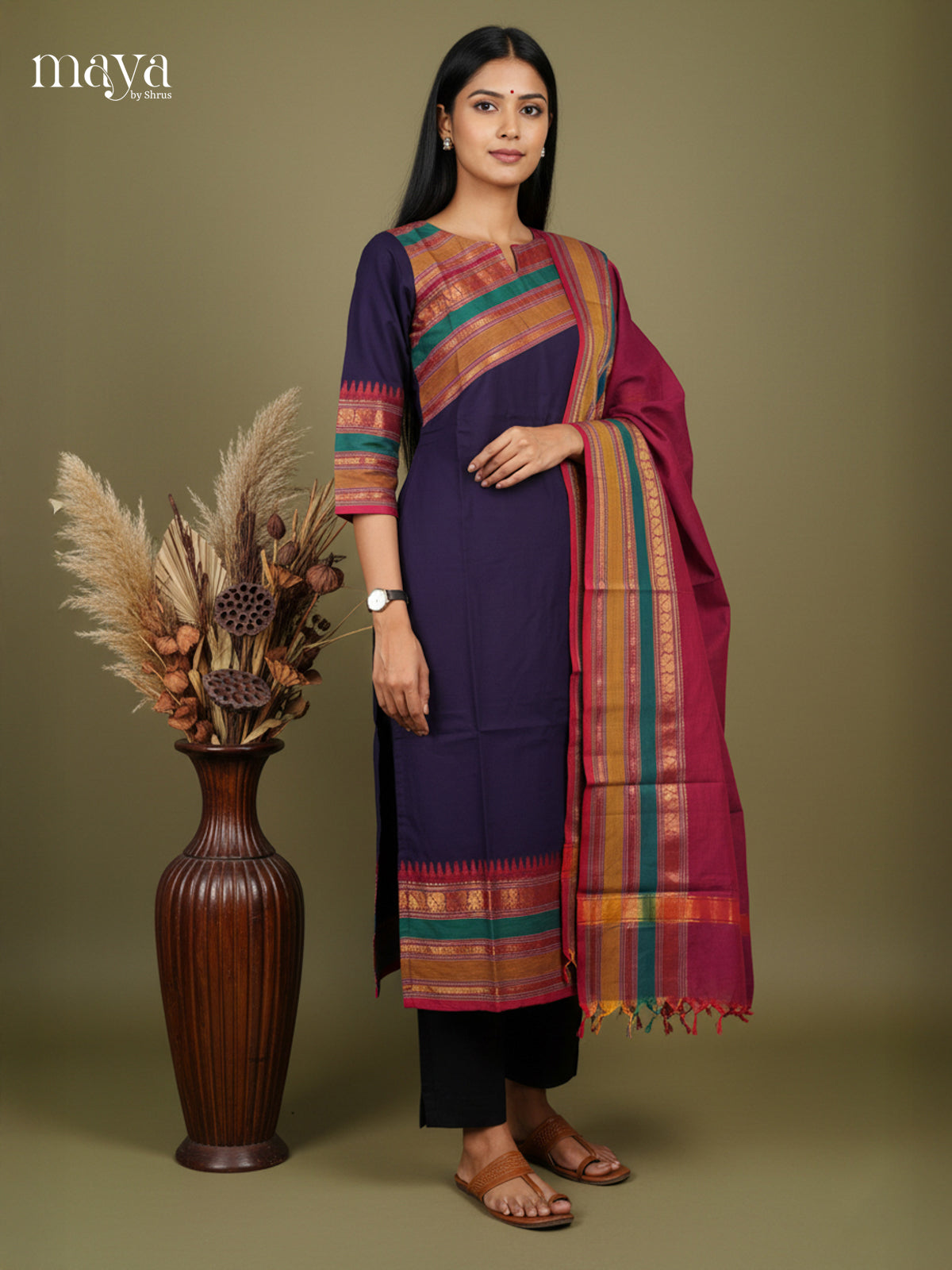 Blue & Maroon - Chettinad Cotton Readymade Kurti & Dupatta