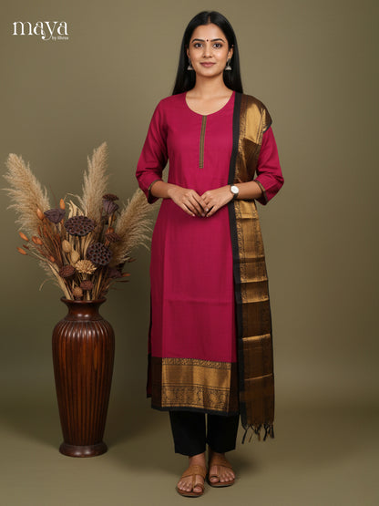 Maroon -Chettinad Cotton Readymade Kurti & Dupatta