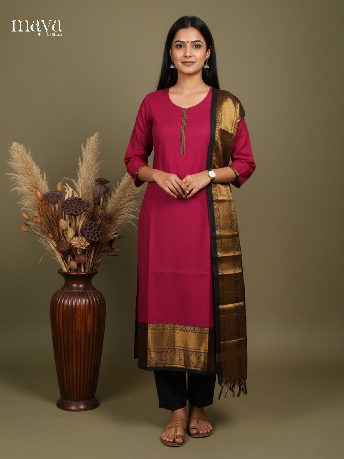 Maroon -Chettinad Cotton Readymade Kurti & Dupatta