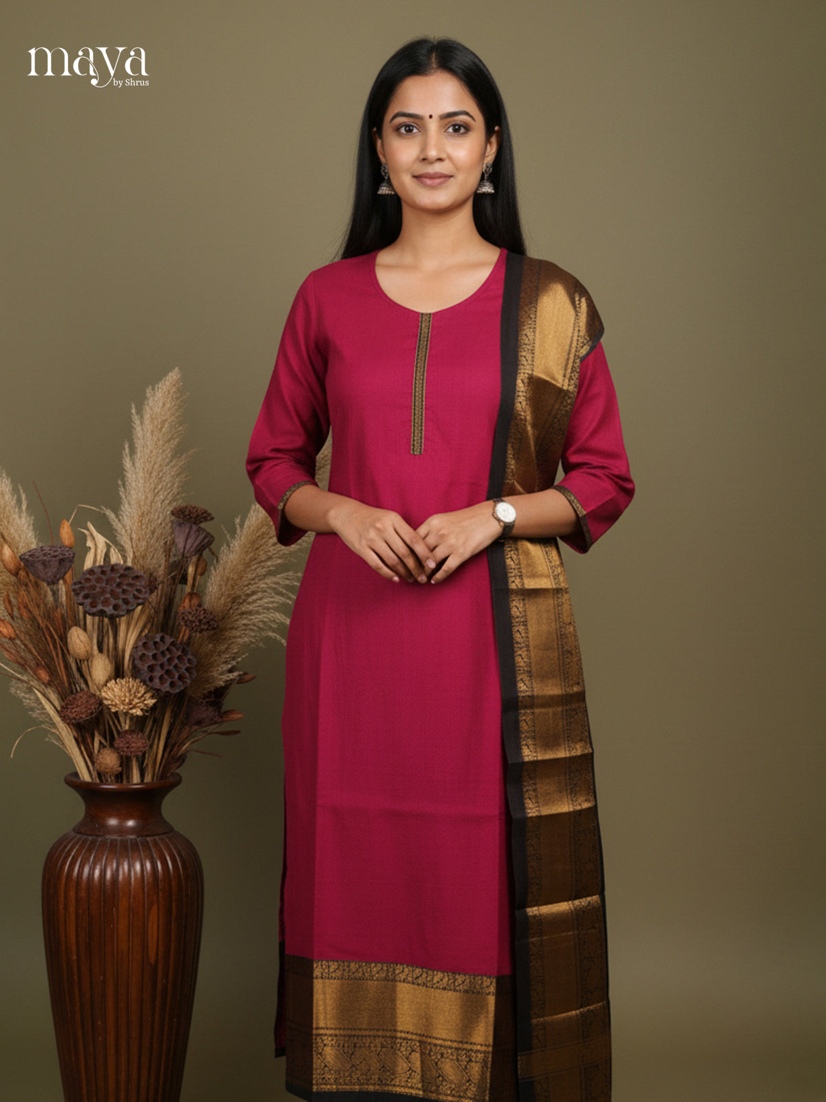 Maroon -Chettinad Cotton Readymade Kurti & Dupatta