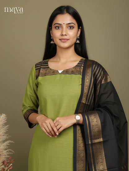 Green & Black - Chettinad Cotton Readymade Kurti & Dupatta