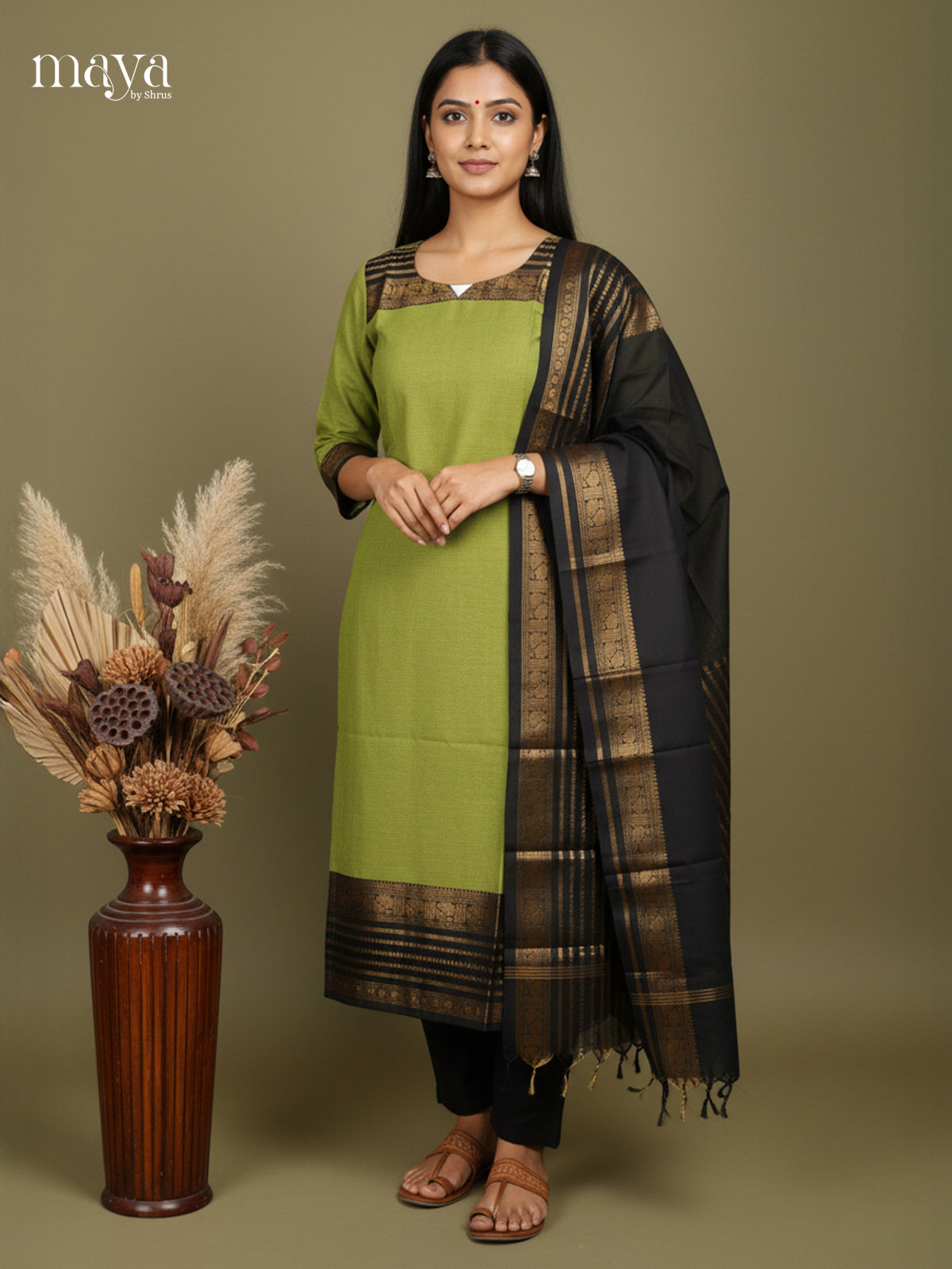 Green & Black - Chettinad Cotton Readymade Kurti & Dupatta
