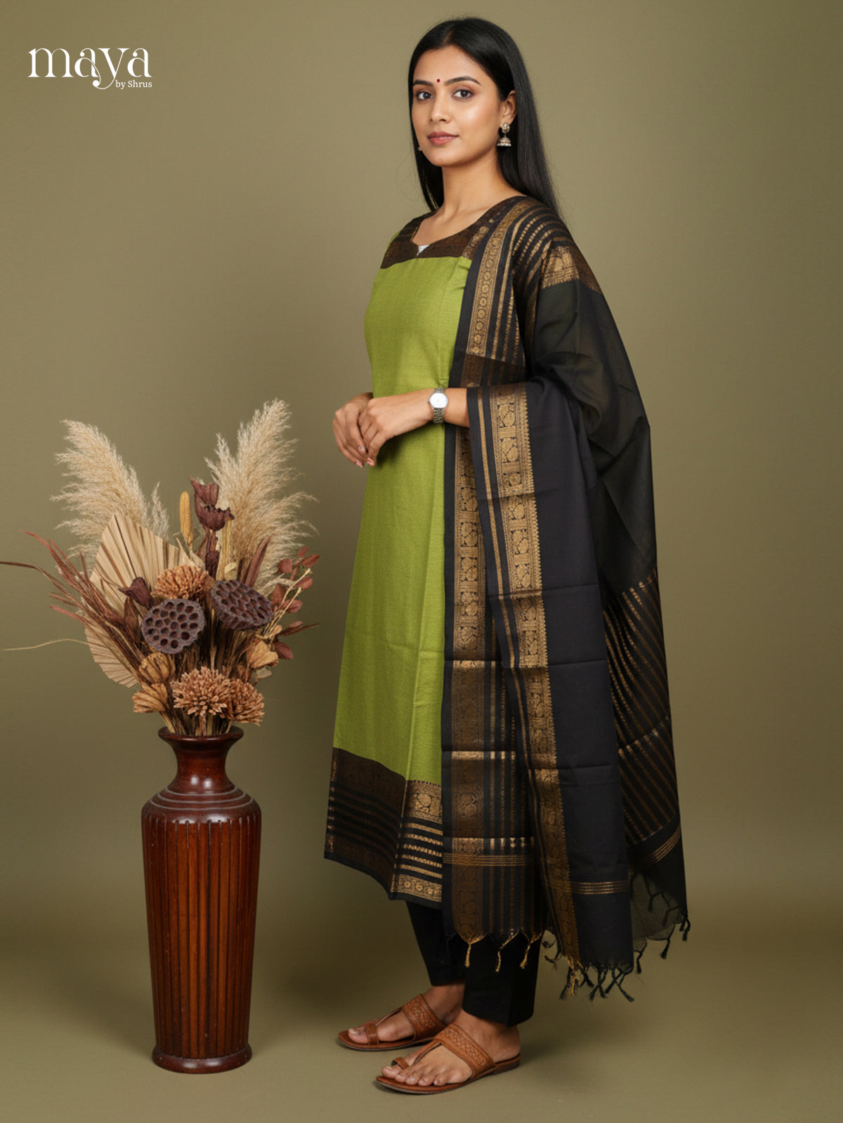Green & Black - Chettinad Cotton Readymade Kurti & Dupatta