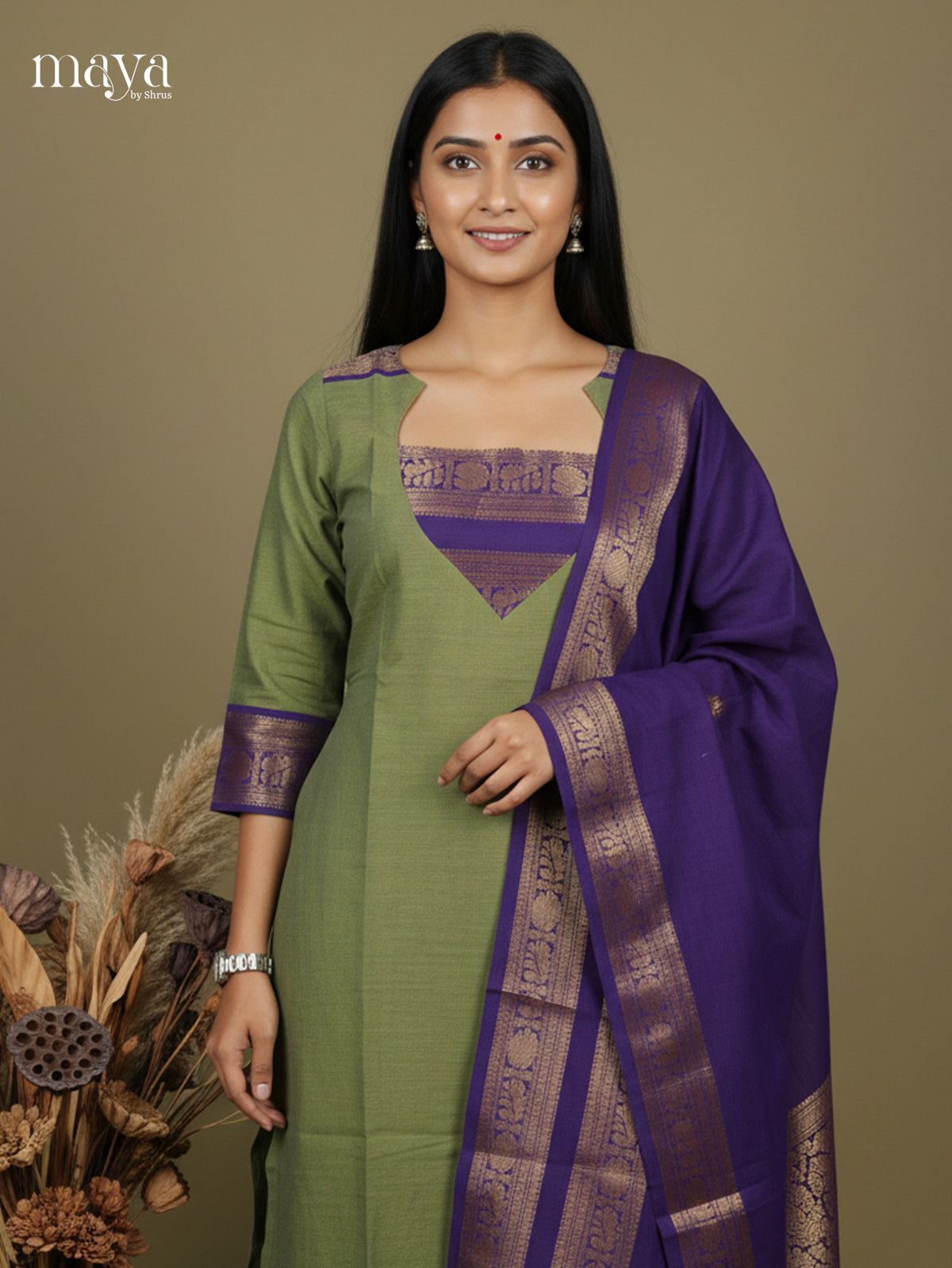 Green & Blue- Chettinad Cotton Readymade Kurti & Dupatta