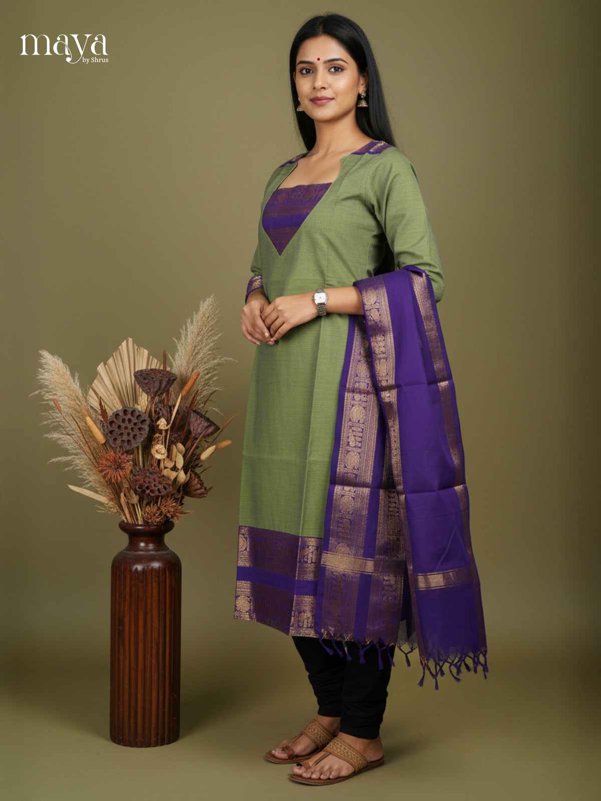 Green & Blue- Chettinad Cotton Readymade Kurti & Dupatta