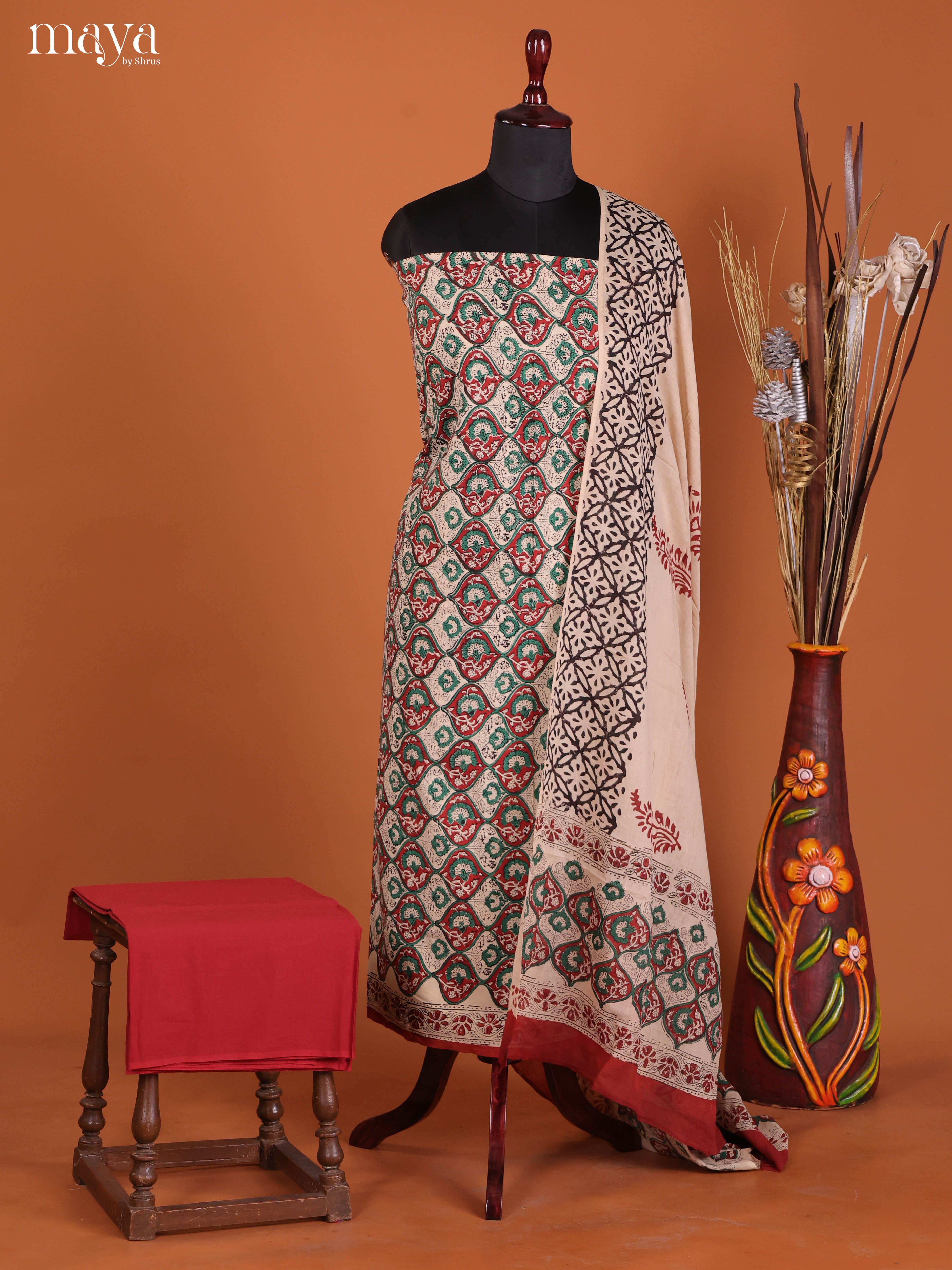 Cream & Red -Cotton salwar