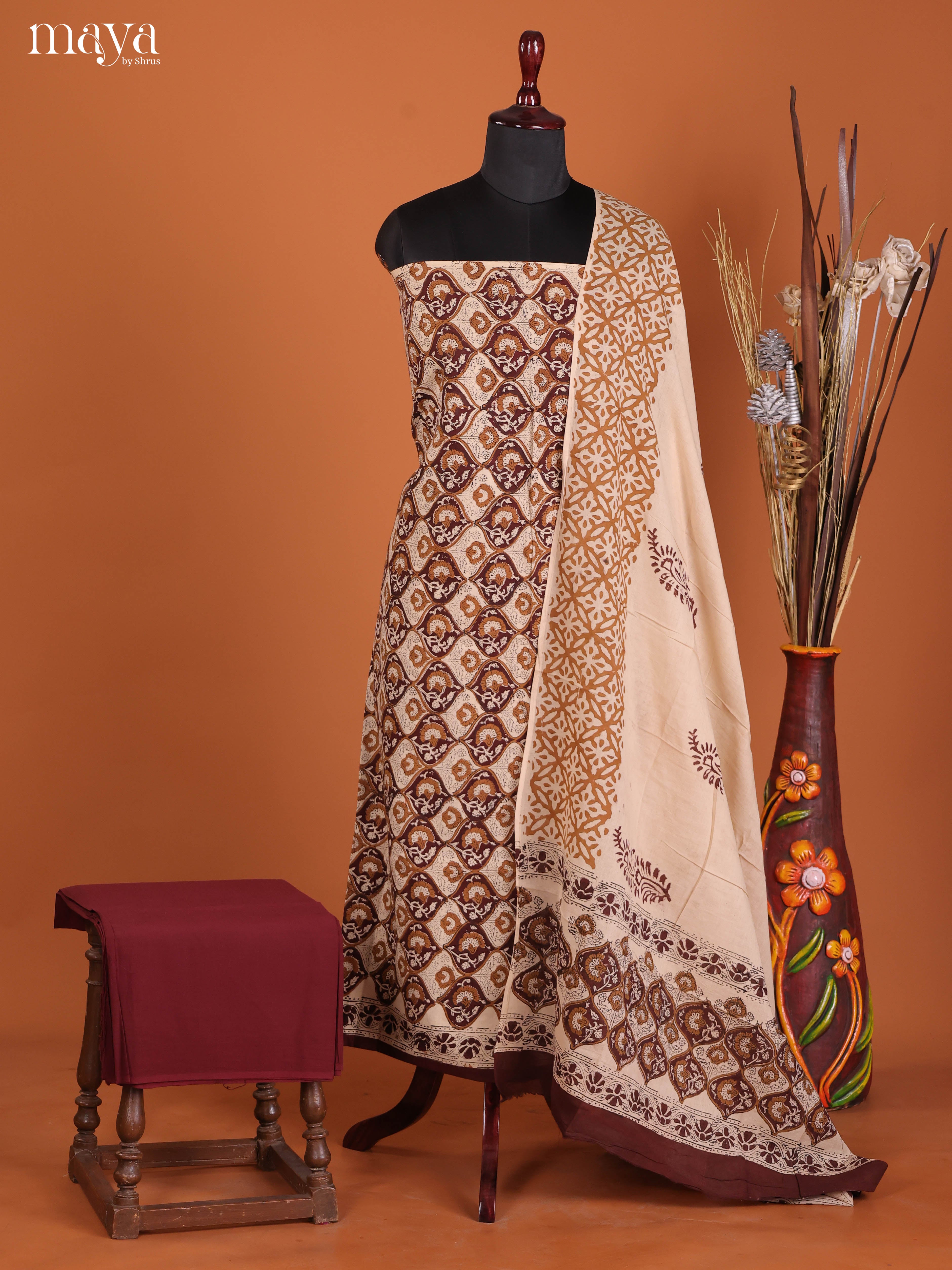 Cream & Maroon-Cotton salwar