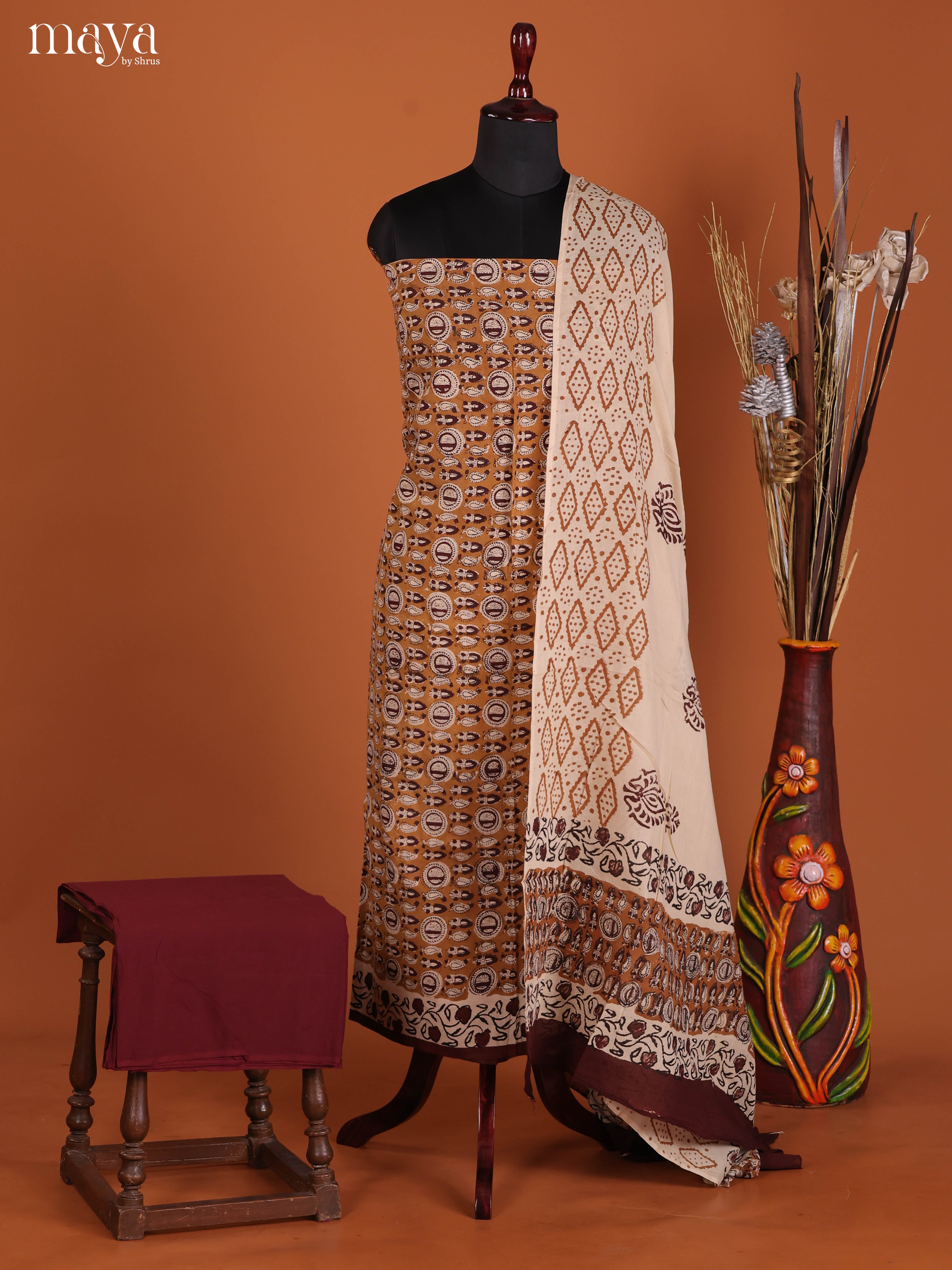 Dark  Mustard & Brown-Cotton salwar
