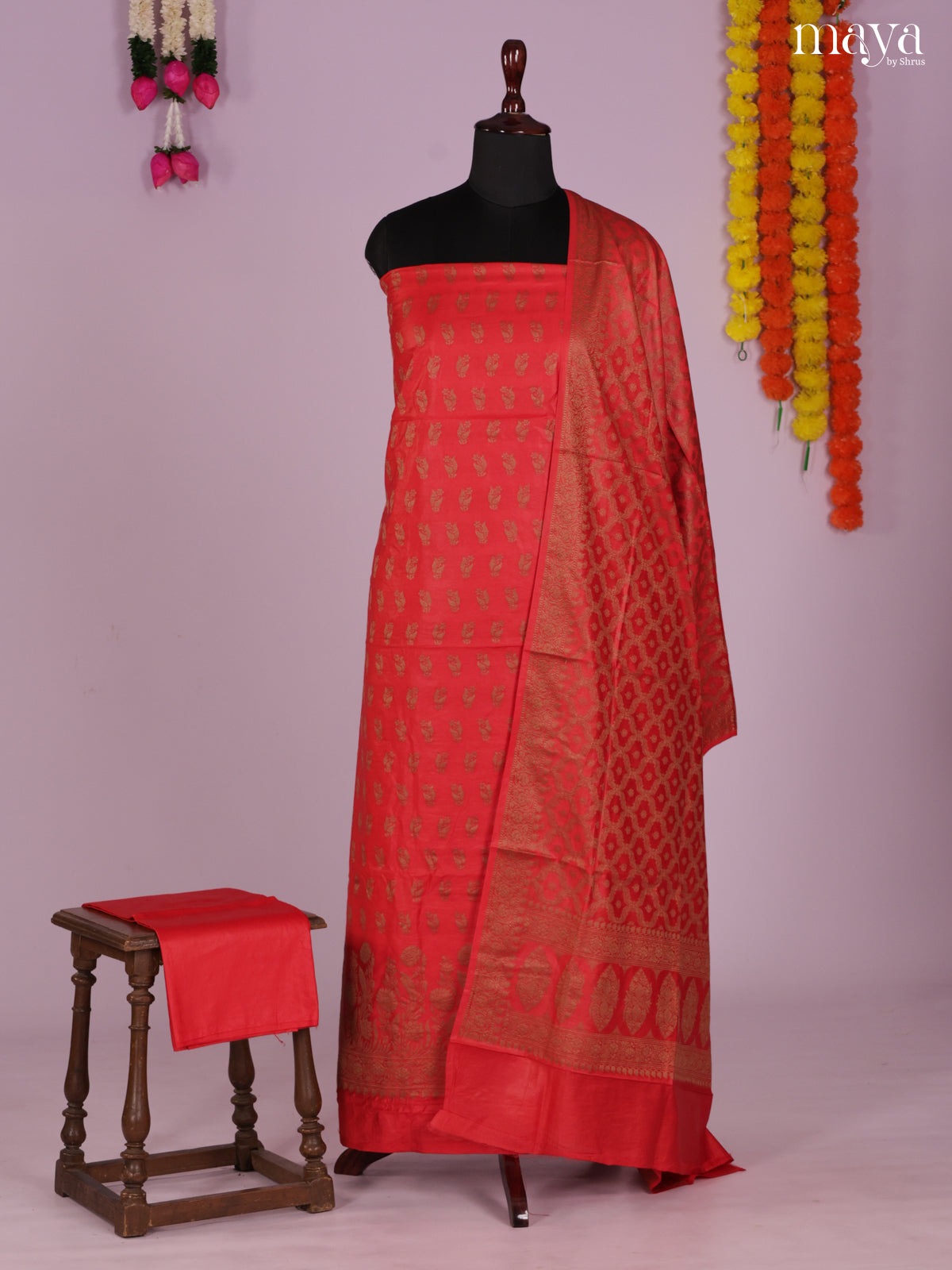 Festive Red Semi Tussar Salwar Suit Material With Zari Buttas