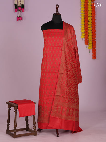 Festive Red Semi Tussar Salwar Suit Material With Zari Buttas