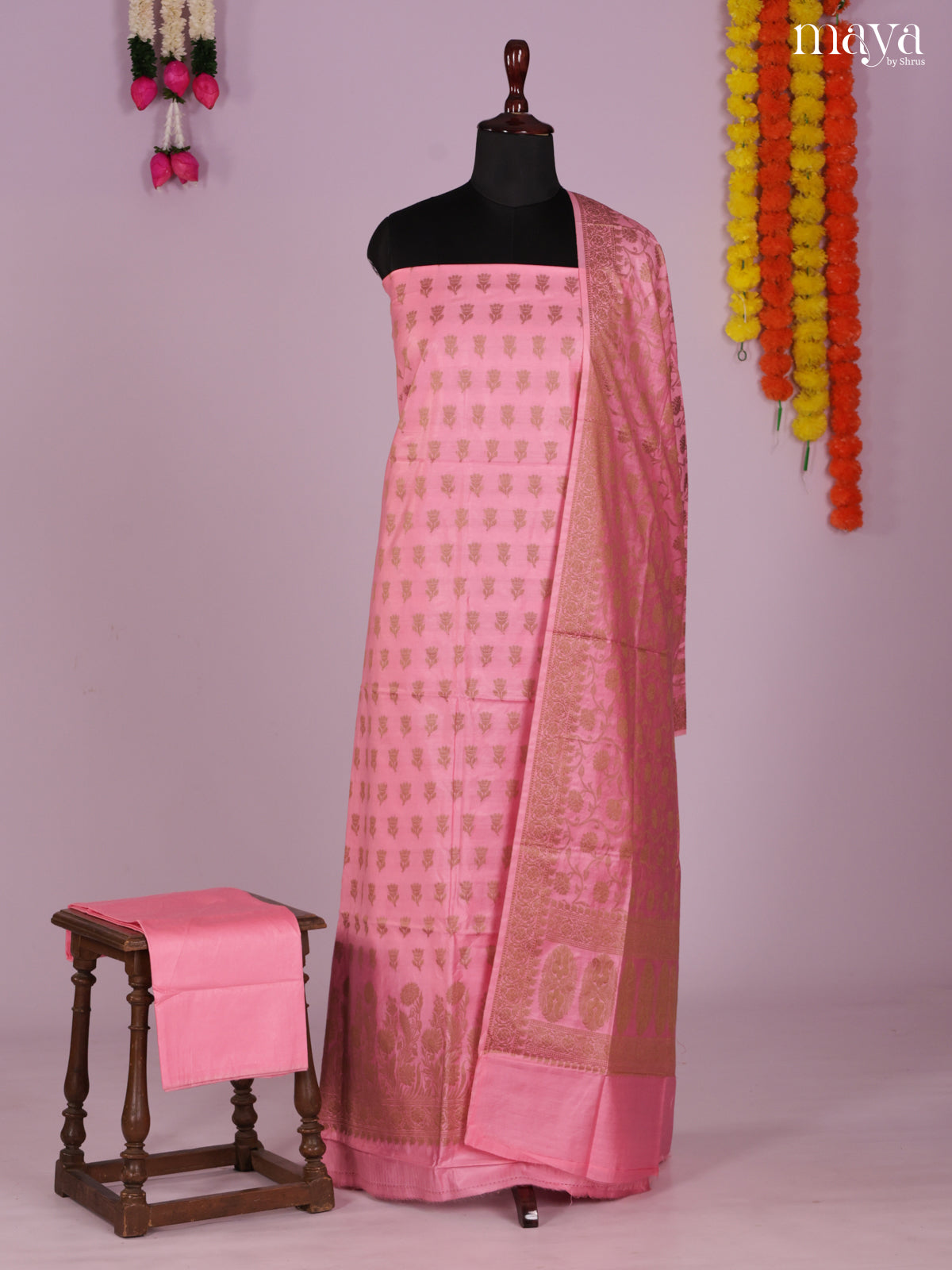 Cute Baby Pink Semi Tussar Salwar Suit Material With Zari Buttas