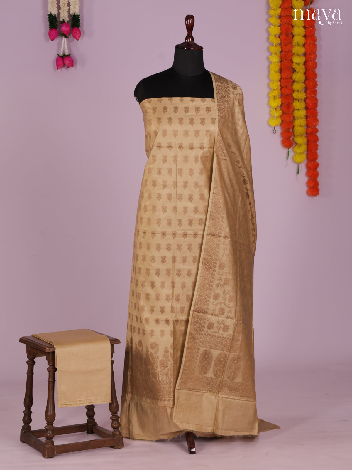 Pretty Beige Semi Tussar Salwar Suit Material With Zari Buttas