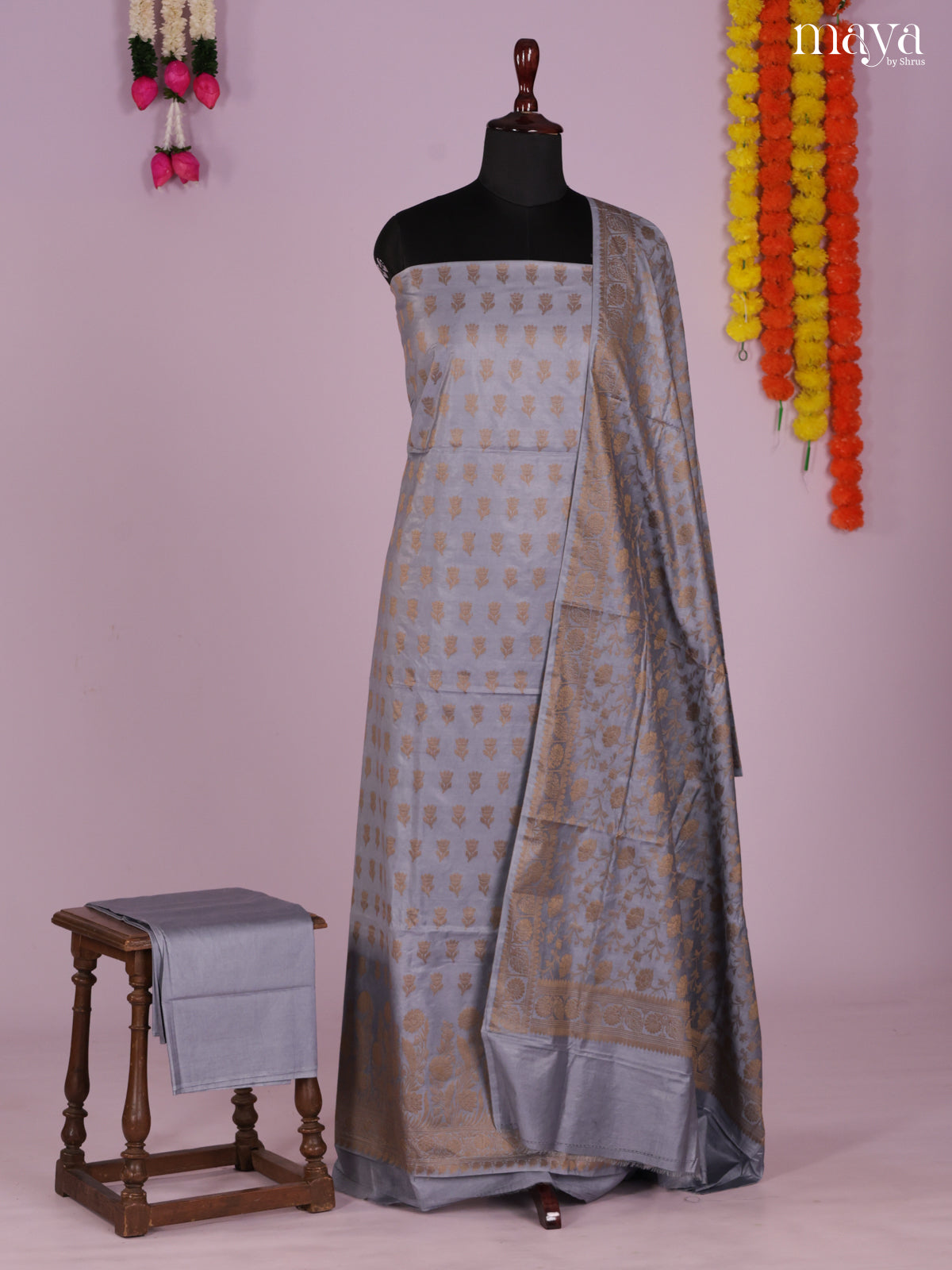 Pretty Grey Semi Tussar Salwar Suit Material With Zari Buttas