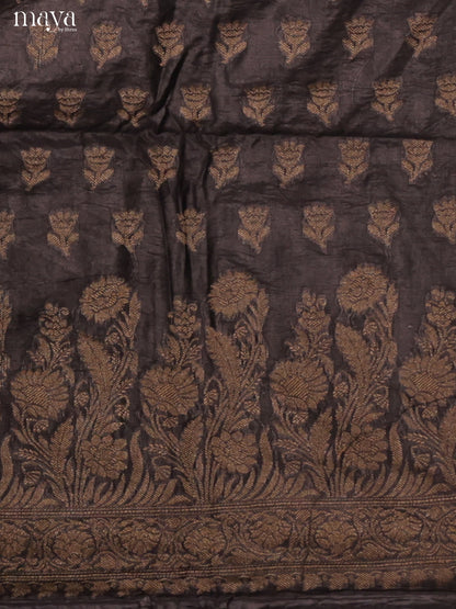 Mystique Black Semi Tussar Salwar Suit Material With Zari Buttas