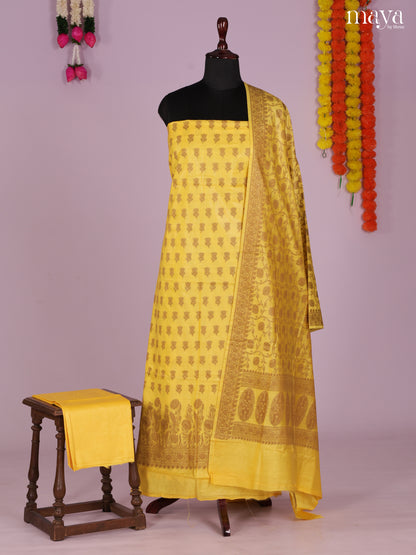Vibrant Yellow Semi Tussar Salwar Suit Material With Zari Buttas