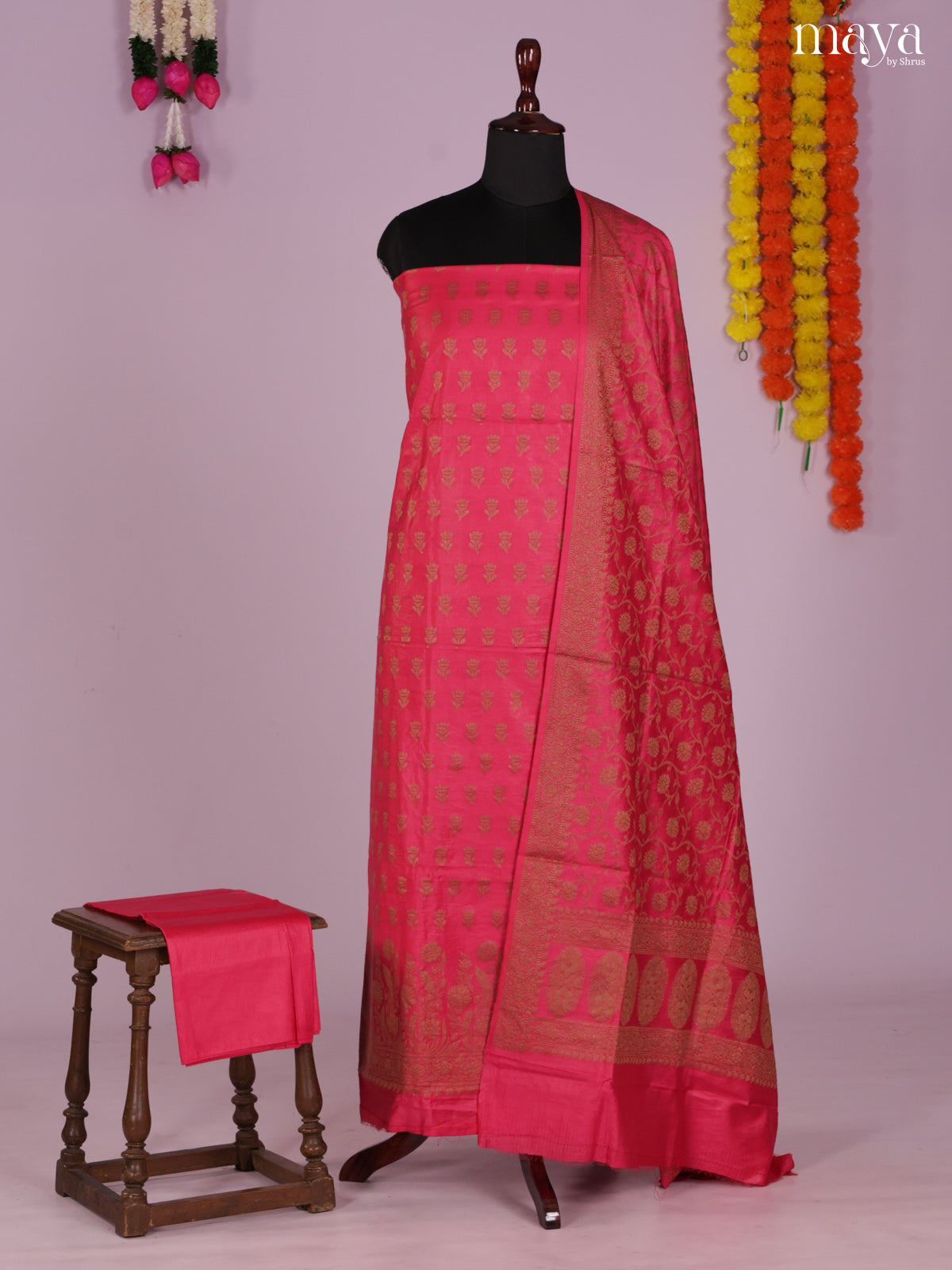 Charming Dark Pink Semi Tussar Salwar Suit Material With Zari Buttas