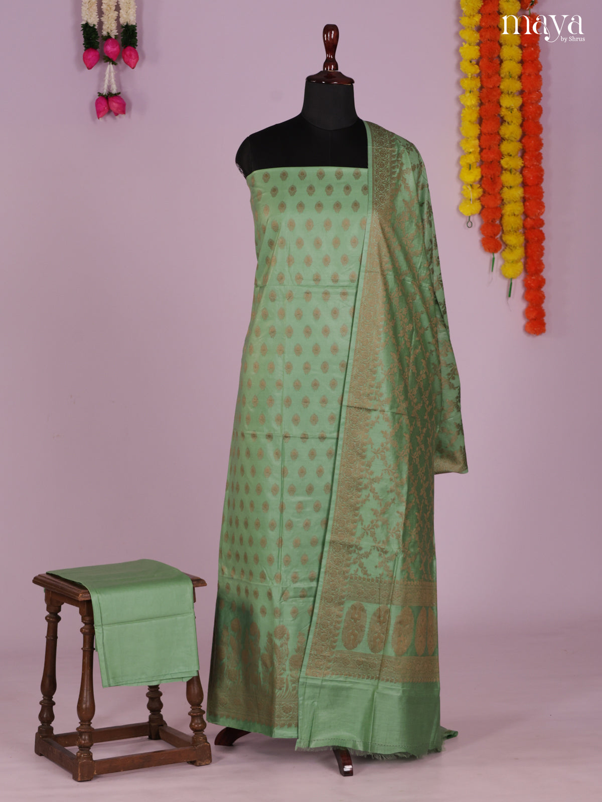 Rich Light Green Semi Tussar Salwar Set Material With Floral Buttas