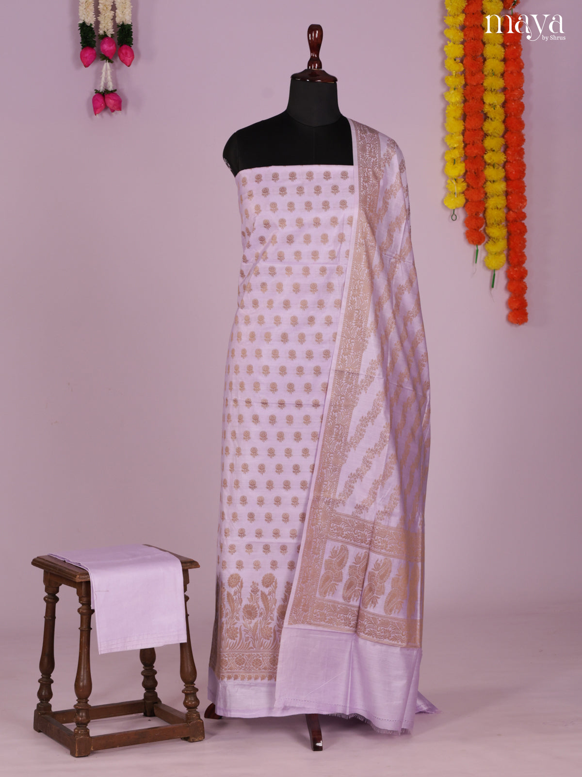 Chic Pastel Purple Semi Tussar Salwar Set Material With Floral Buttas