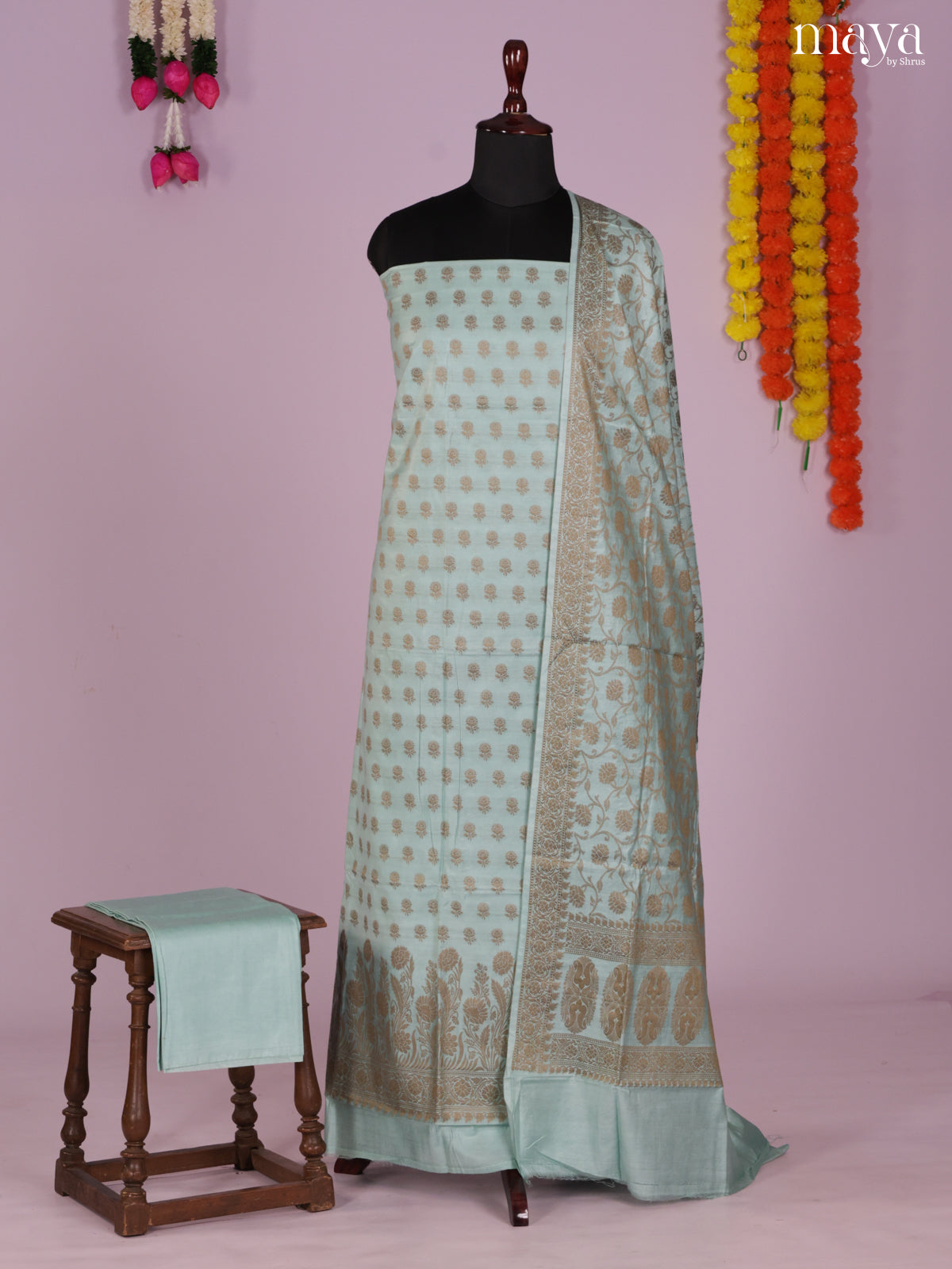 Elegant Pastel Blue Semi Tussar Salwar Set Material With Floral Buttas