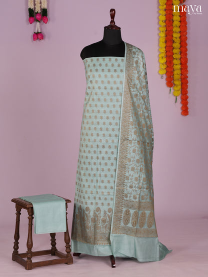 Elegant Pastel Blue Semi Tussar Salwar Set Material With Floral Buttas