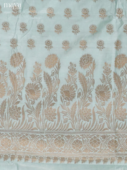 Elegant Pastel Blue Semi Tussar Salwar Set Material With Floral Buttas