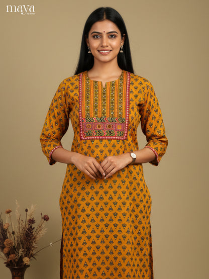 Chic Mustard Cotton Readymade Kurti With Ajrakh Prints & Yoke Neck