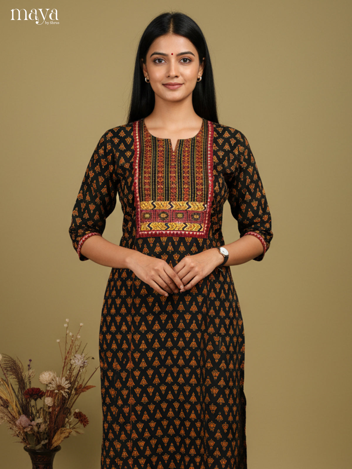 Charming Black Floral Printed Readymade Cotton Kurti With Yoke Neck