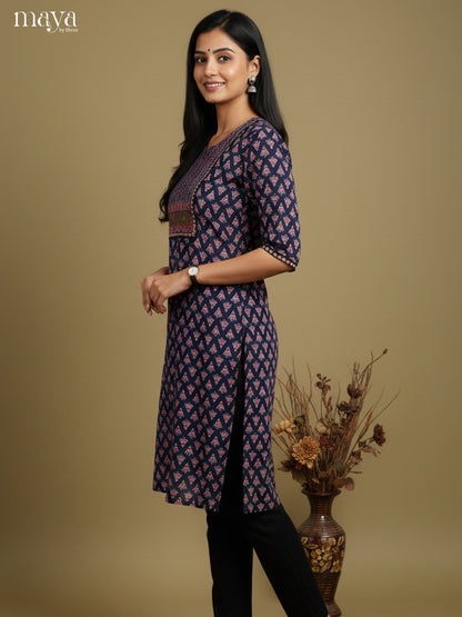 Elegant Navy Blue Floral Printed Readymade Kurti With Yoke Neck