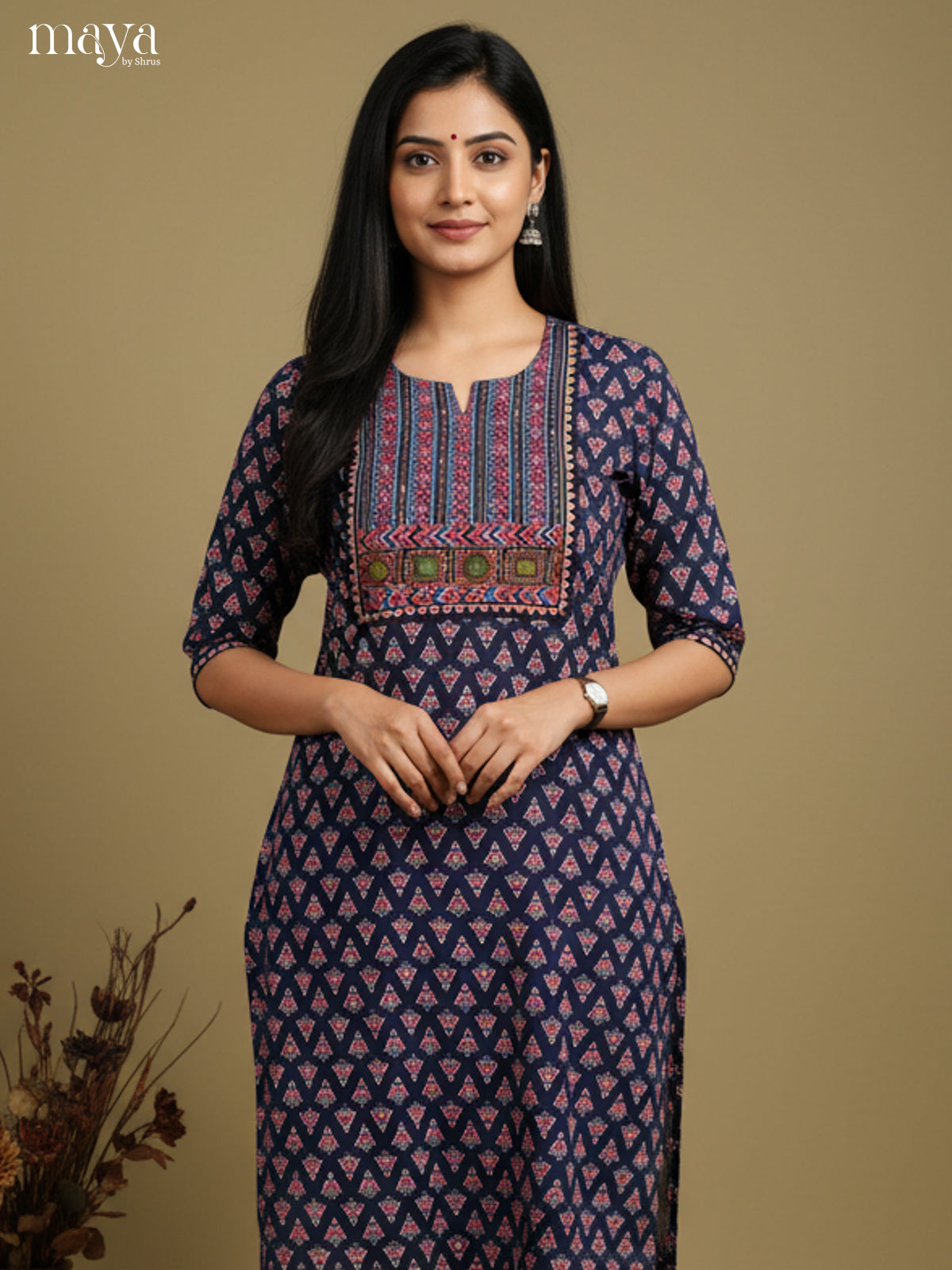 Elegant Navy Blue Floral Printed Readymade Kurti With Yoke Neck