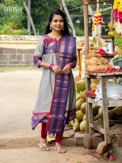 Pretty Grey & Blue Chettinad Cotton Readymade Salwar Set with Dupatta