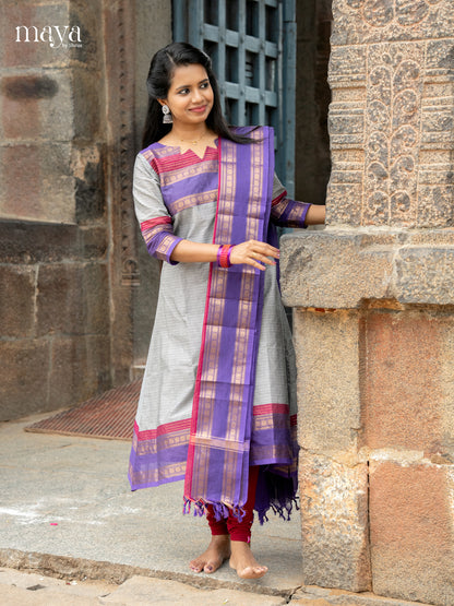 Pretty Grey & Blue Chettinad Cotton Readymade Salwar Set with Dupatta