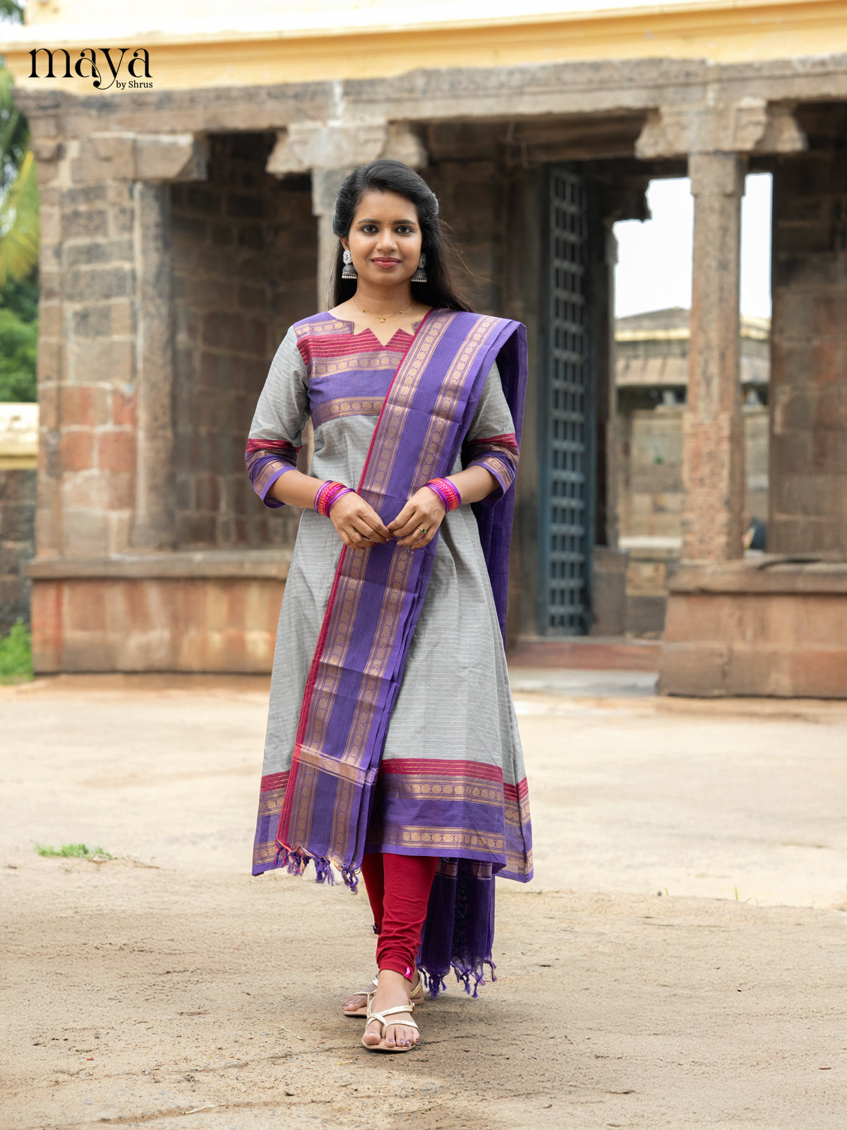 Pretty Grey & Blue Chettinad Cotton Readymade Salwar Set with Dupatta